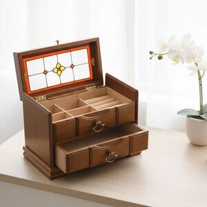 Vintage Wooden Musical Jewelry Box with Stained Glass Lid Trinket Box Storage
